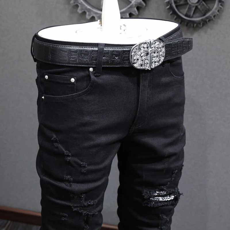 Street Fashion Men Jeans Black Elastic Stretch Skinny Fit Ripped Jeans Men Bandana Patched Designer Hip Hop Brand Pants Hombre