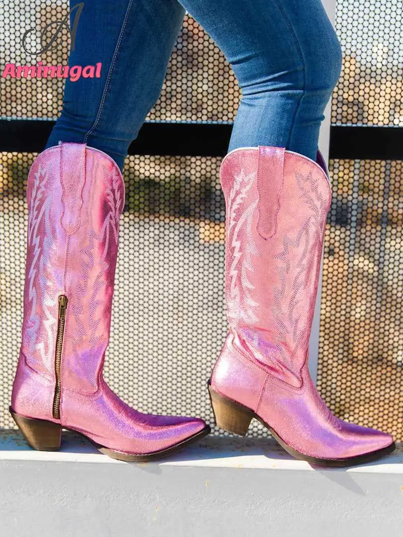 Pink Cowboy Western Boots For Women 2023 Brand New Embroidery Cowgirl Fashion Comfy Cute Spring Summer Women Knee-high Boots