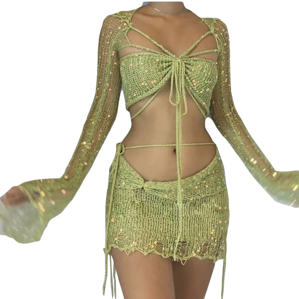 

Женский комплект из 3 предметов, однотонный вязаный свитер с блестками, укороченный пиджак с длинным рукавом и мини-юбка на бедрах, накидки для пляжного бикини для отпуска, лето 2023