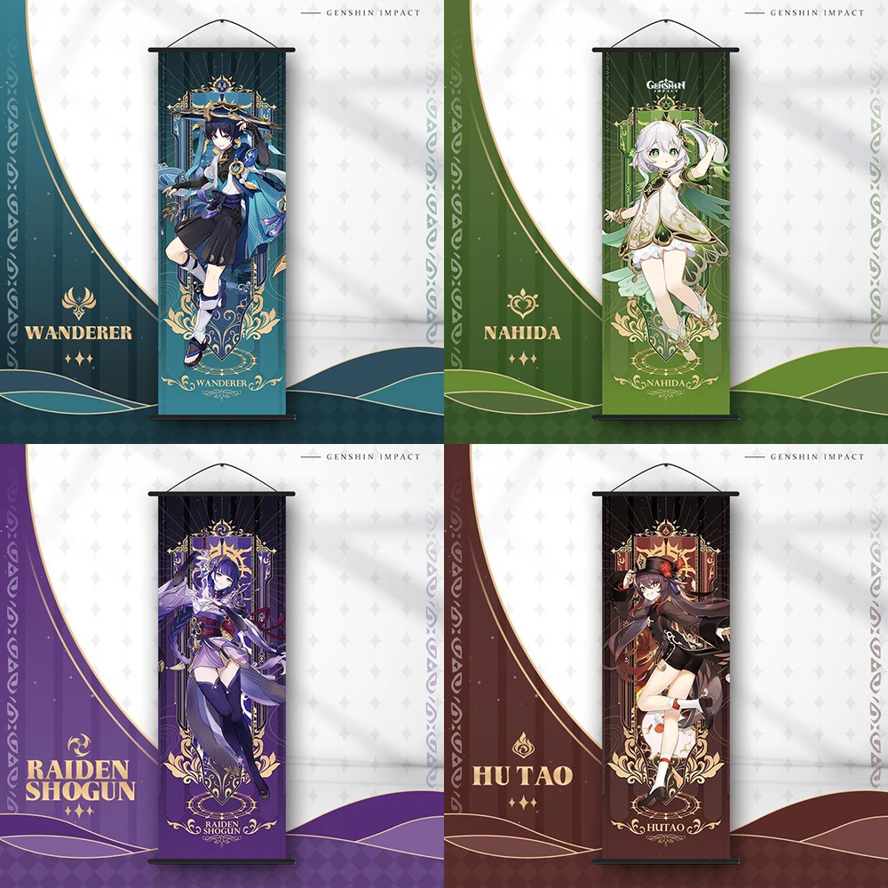 

New Genshin Impact Tarot Cosplay Scroll Canvas Wanderer Raiden Shogun Nahida Xiao Kazuha Zhongli Poster Kawaii Art Gifts