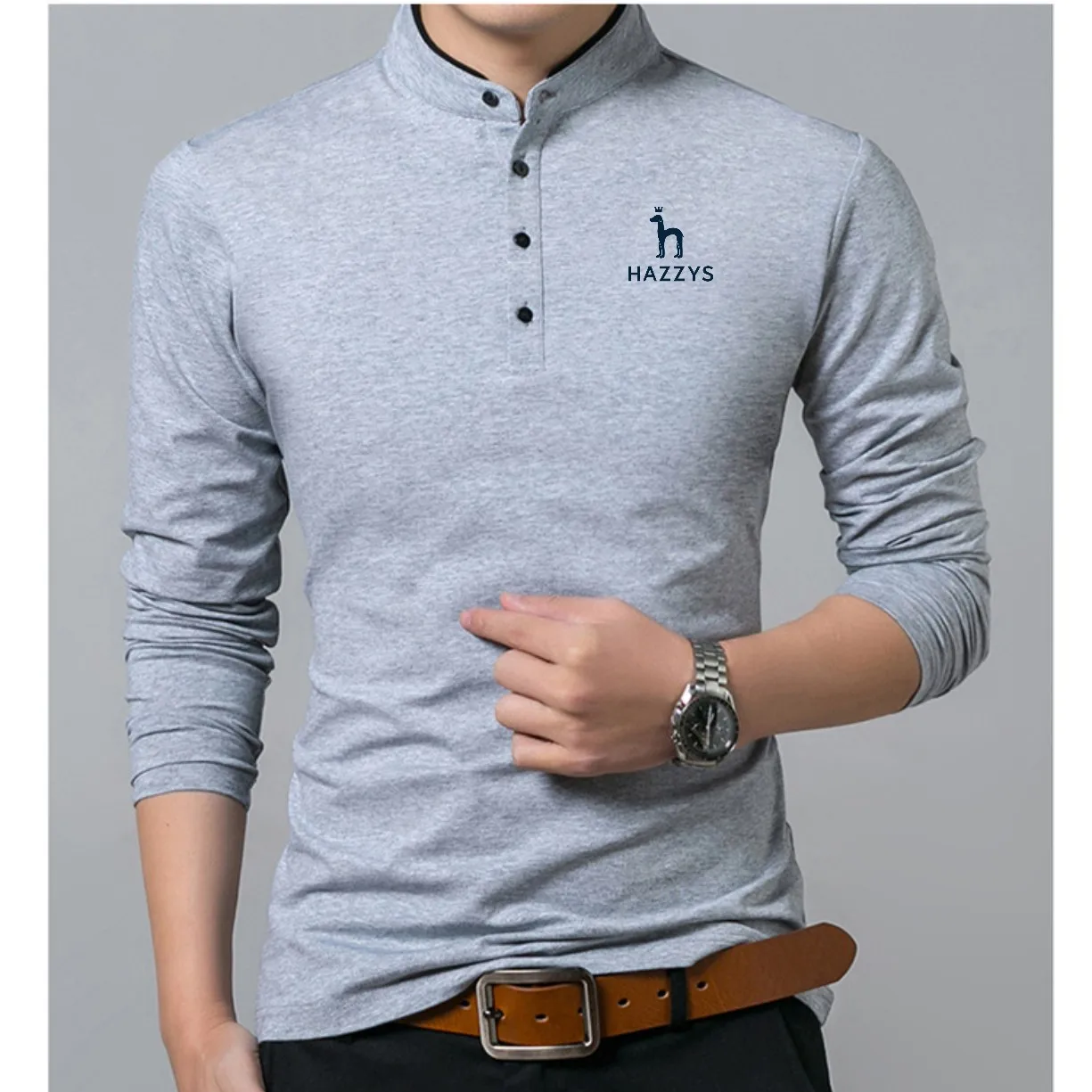 

Hazzys - Men's long sleeved polo, simple solid lapel polo, casual and fashionable for teenagers, spring, autumn and winter