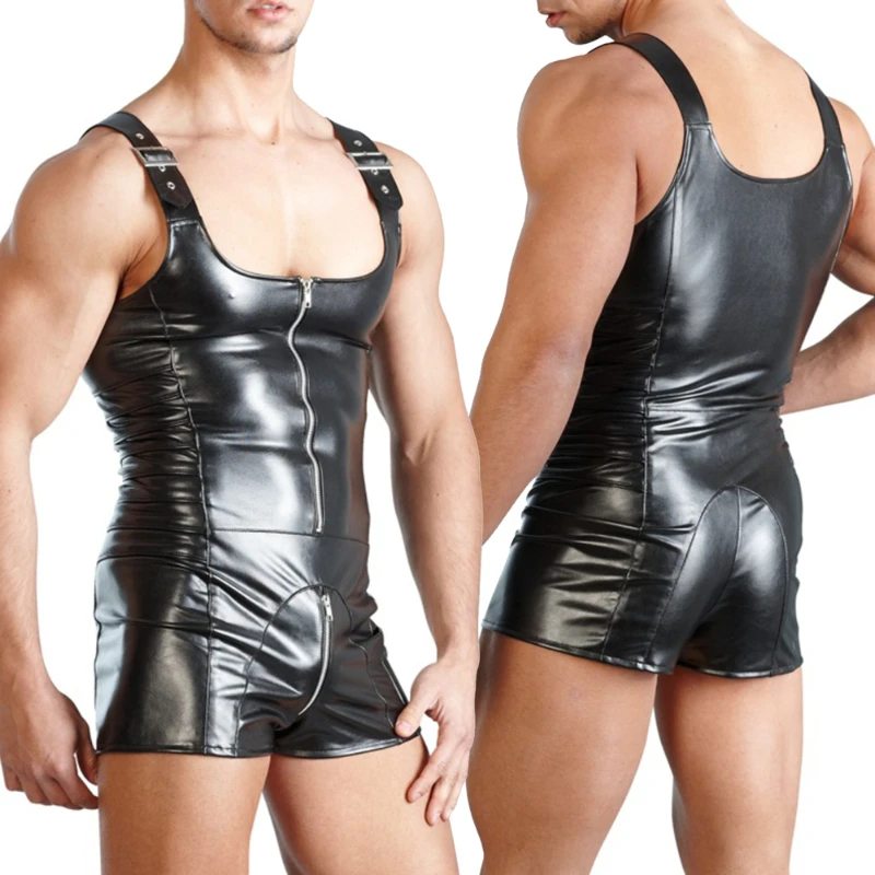 Sexy Men Underwear Sleeveless Open Crotch Faux Leather Zipper Bodysuit Shorts Jumpsuit Shapers