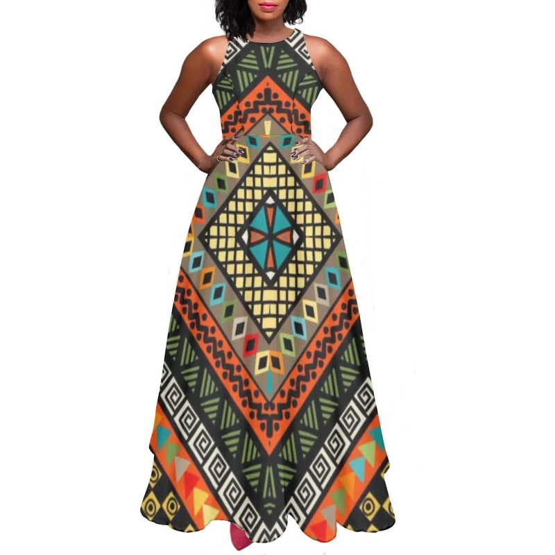 

African Long Camis Dresses for Women Summer Beachwear Ladies Flare Sundress Outfits Elegant Sleeveless Girls Vestidos Feminino