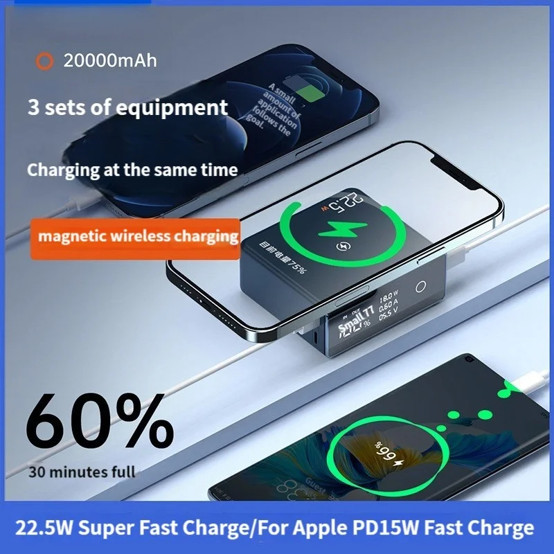 PD20W Magnetic Wireless Power Bank 20000mAh Fast Charging External Battery For Iphone 1413Pro Portable Digital Display Powerbank