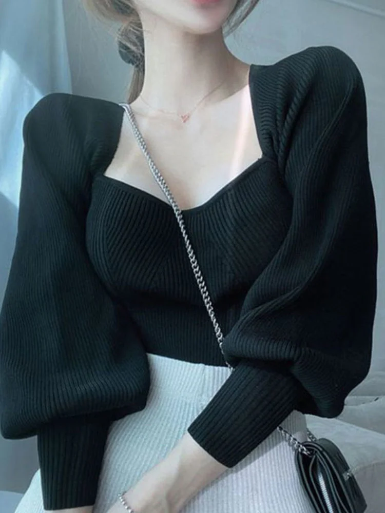

South Korea Chic Autumn Elegant Square Collar Lantern Sleeve Fashion Trend Ladies Pullover Knit Slim Black Sweater M987