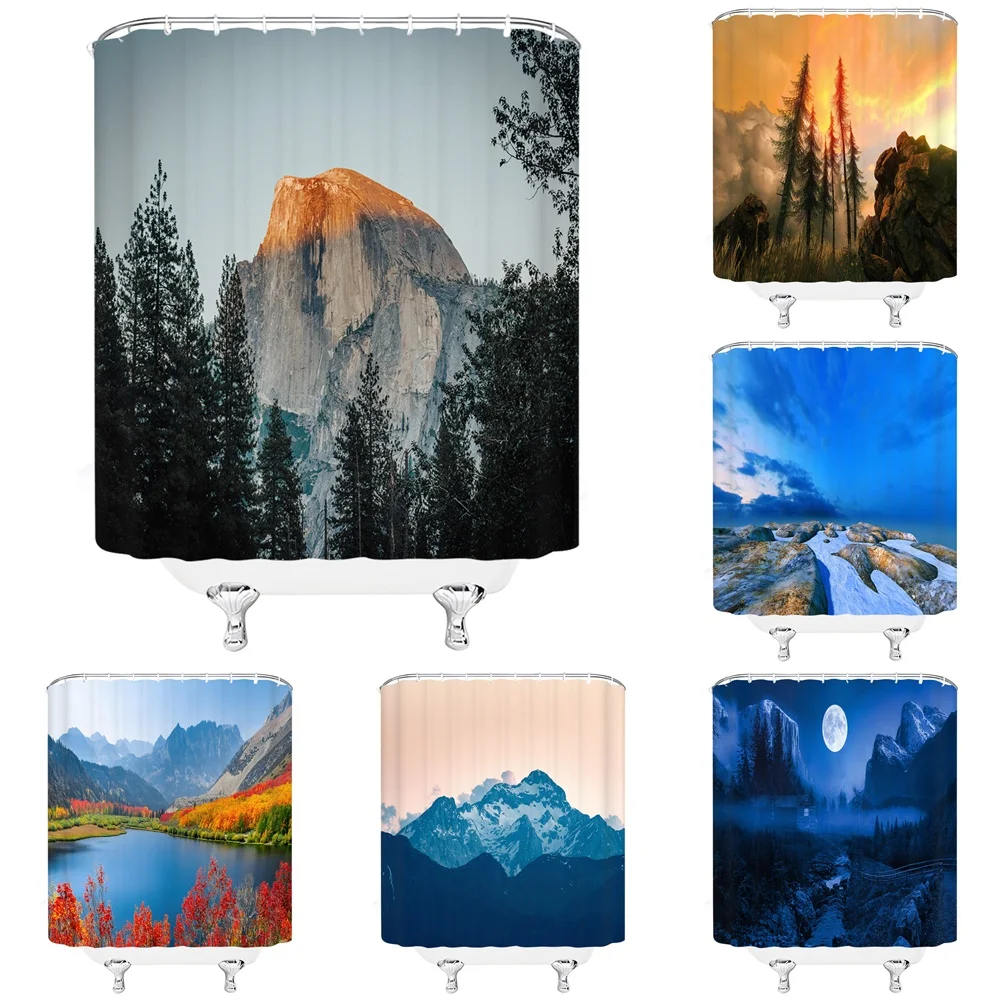 

3D Mountain Forest Landscape Shower Curtain Natural Scenery Pine Needles Tree Fabric Bath Curtains For Bathroom Decor With Hooks