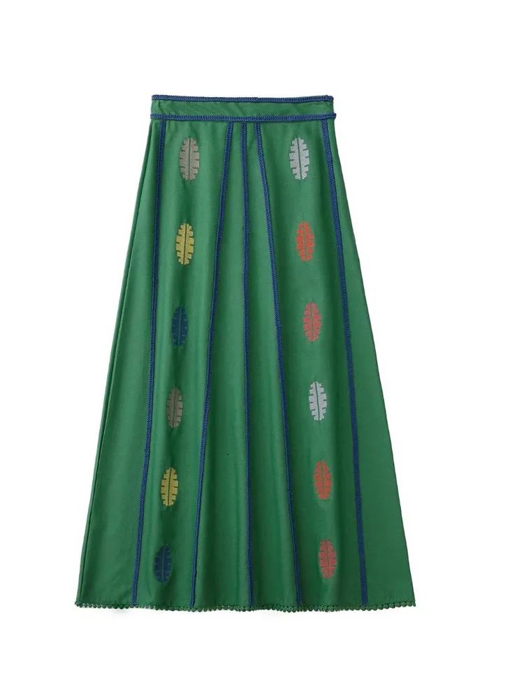 

2022 Summer Women Vintage Loose Skirts Floral Embroidery Linen Mid-Calf Skirt Female Elegant Street Sweet Lining Skirt Clothes