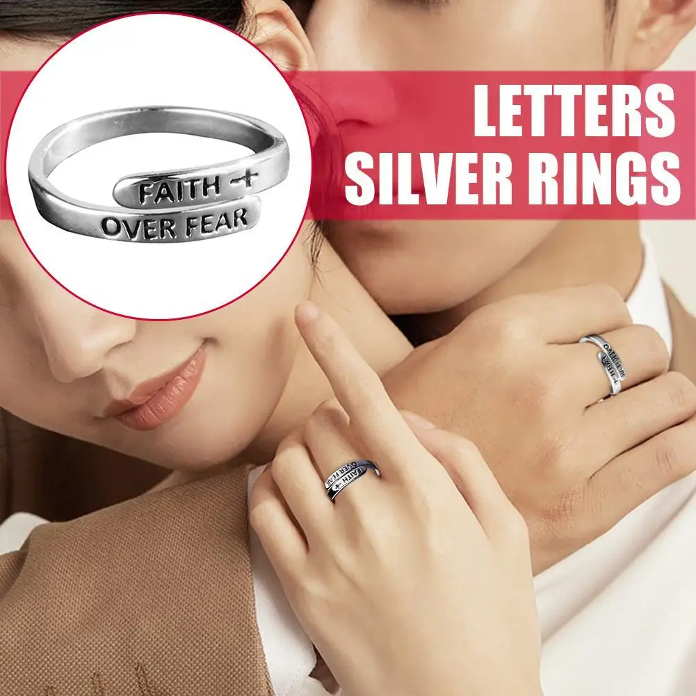 

Vintage Faith Letters Silver Rings Opening Finger Adjustable Ring Trend Personalized Line Made Old For Women Men Lovers Gift