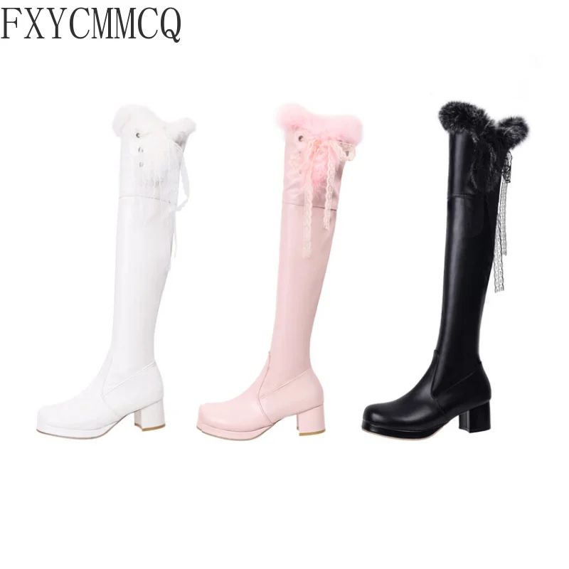 FXYCMMCQ 2022 Autumn/Winter Round Toe High-heeled Thick Velvet Elastic Boots Temperament All-match High-heeled Women's BootsF633