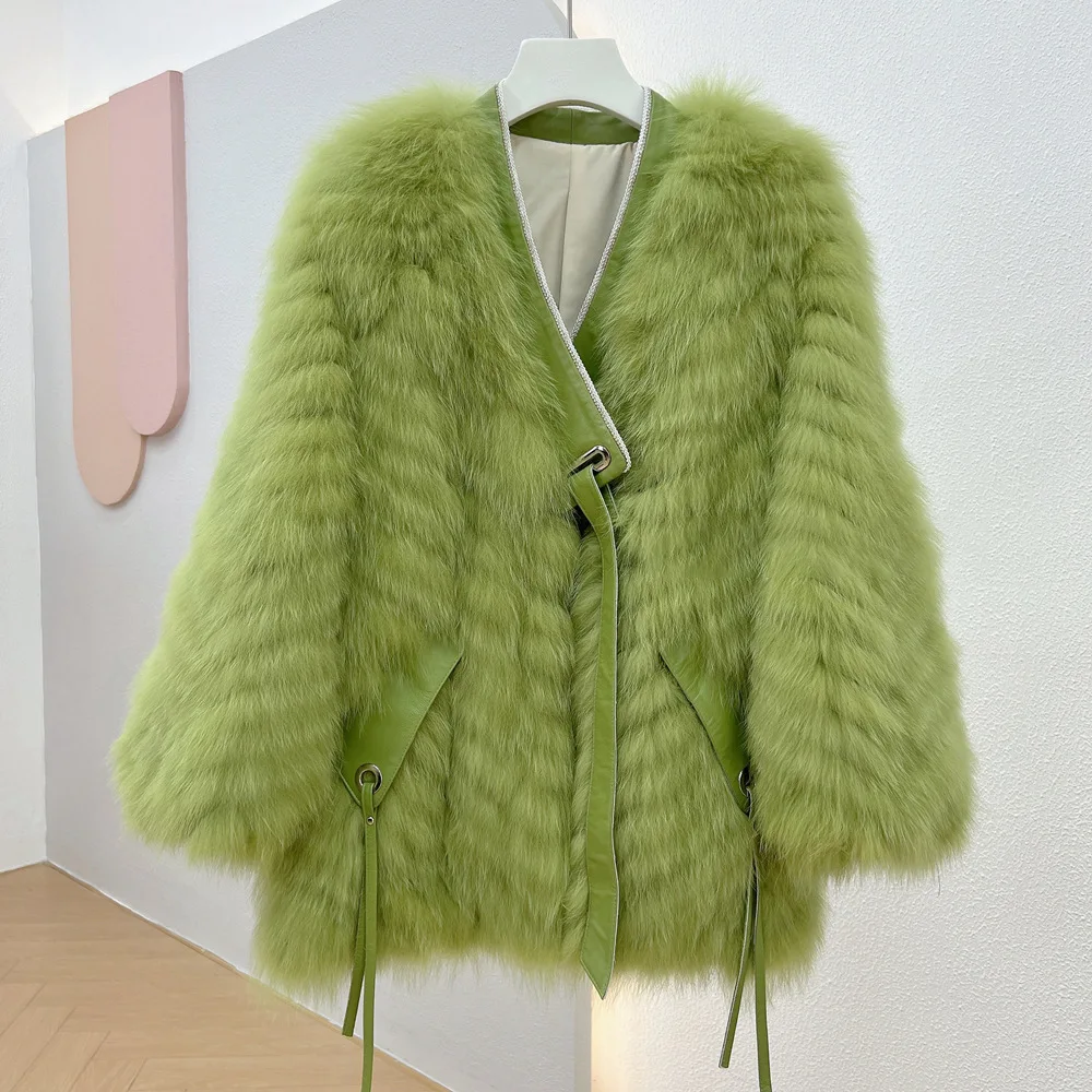

2022 New Arrival Women Fashion Long Knitted Strip Genuine Fox Fur Coat