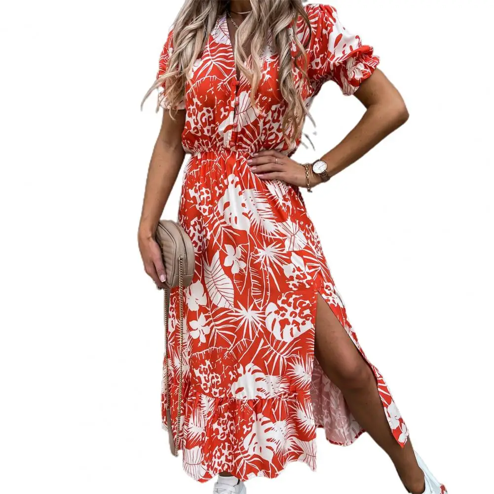 

Elegant Printed Casual Beach Midi Dresses Women Summer V-neck Short Sleeve Empire Waist A-Line Dress Sundress Vestido Robes