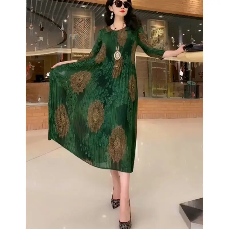 

Fashion casual pleated printed dress summer dress female 2022 new western style antique style slim o neck elastic skirt female