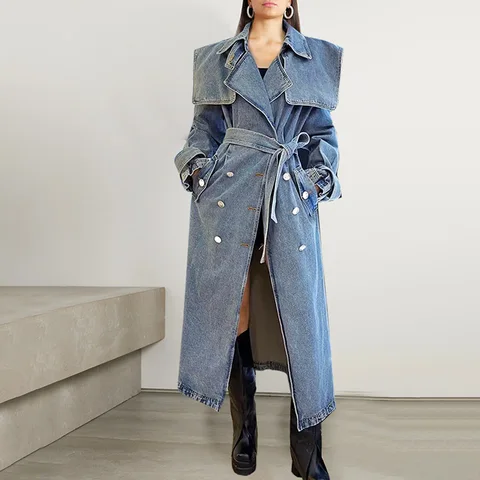 SuperAen 2023 осеннее Новое Модное Длинное джинсовое пальто со шнуровкой на талии Женская модная ветровка с отложным воротником
