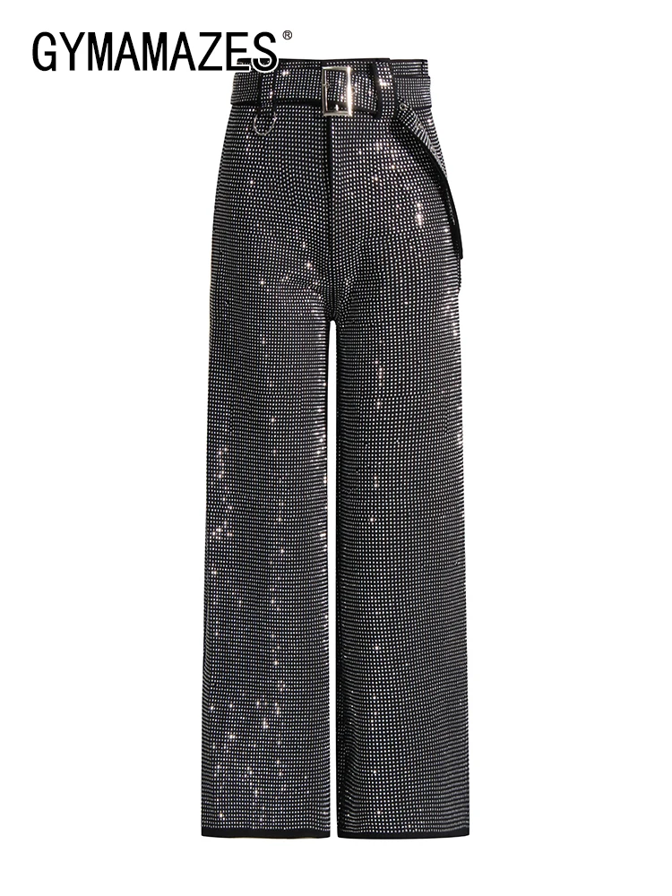 

Брюки GYMAMAZES женские с высокой талией, повседневные свободные штаны в стиле пэчворк, со стразами, с поясом и широкими штанинами, модная одежда, 2023
