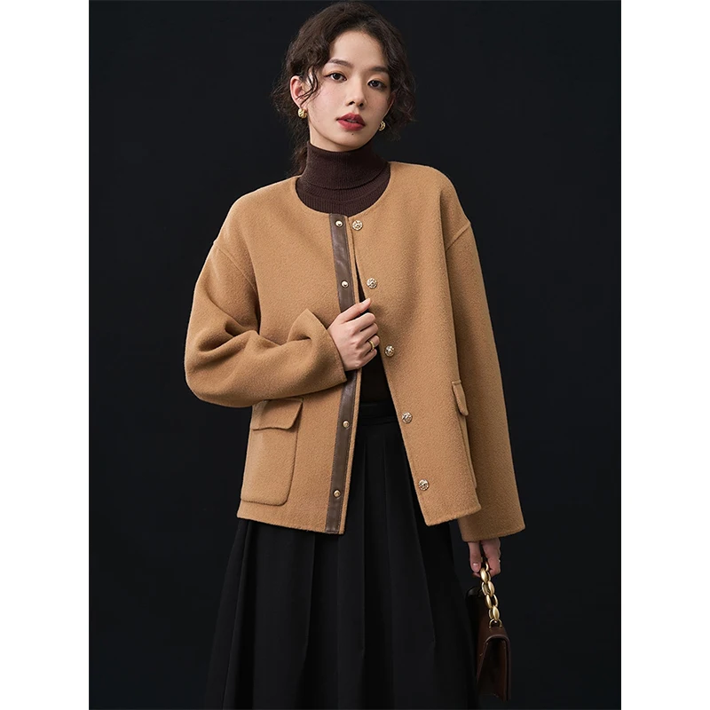 

Женское зимнее Короткое шерстяное пальто с круглым вырезом и золотыми пуговицами, 15131