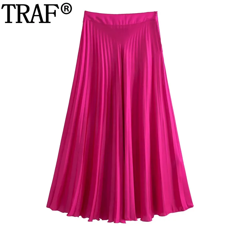 

TRAF Rosy Satin Skirt Women High Wasit Pleated Skirt Summer Print Long Skirts For Women Ruched Midi Chic And Elegant Woman Skirt