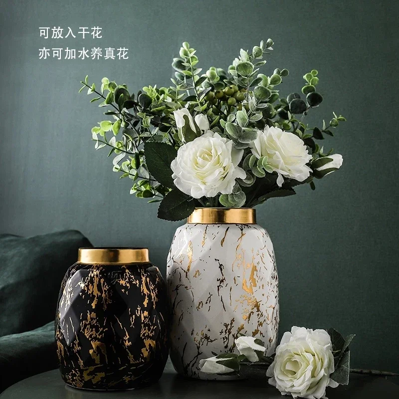 Modern Black Gold Ceramic Vase Wedding Decoration Marbled Flower Arrangement Hydroponic Dining Table Living Room