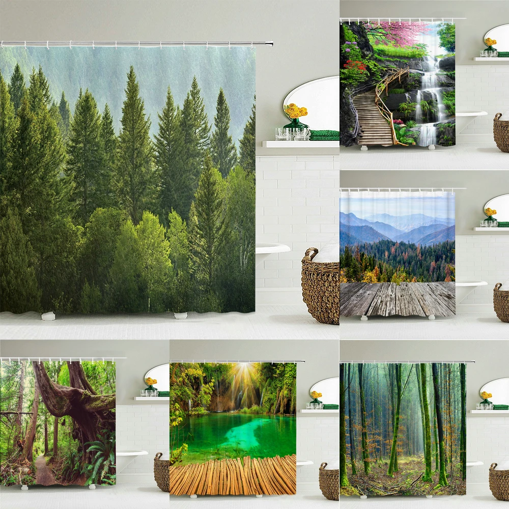 

Лесной Горный пейзаж, занавеска для душа, сад, 3D зеленый экран, деревья, растения, природный пейзаж, водонепроницаемая Фотоштора
