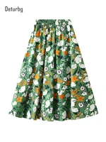 womens casual ditsy floral print midi long skirt elastic high waist green pleated a line skirts for girls 2022 summer k79