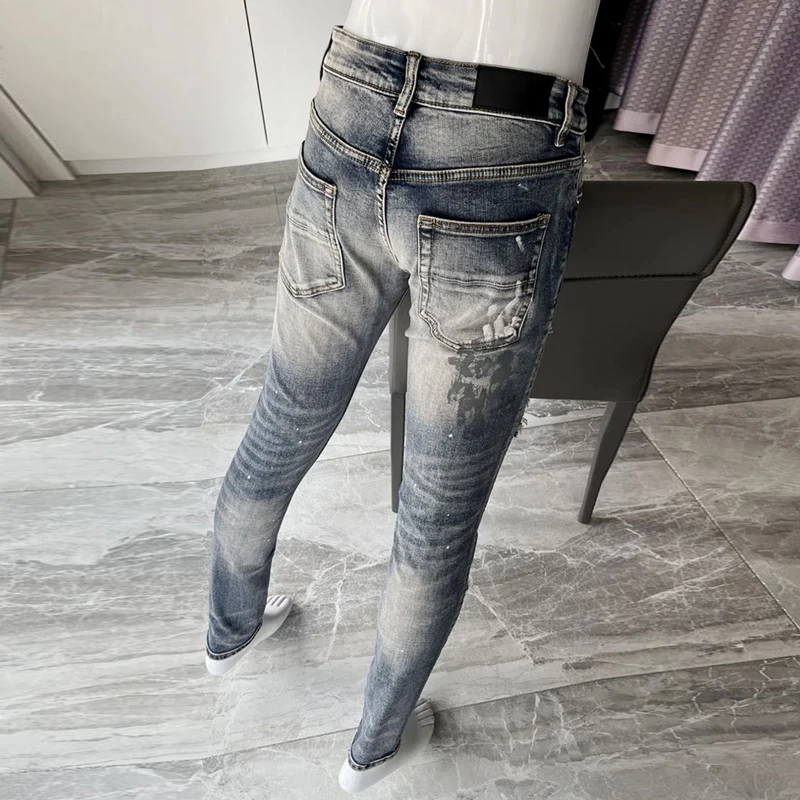 Street Fashion Men Jeans Retro Gray Blue Elastic Slim Fit Painted Ripped Jeans Men Patched Designer Hip Hop Brand Pants Hombre