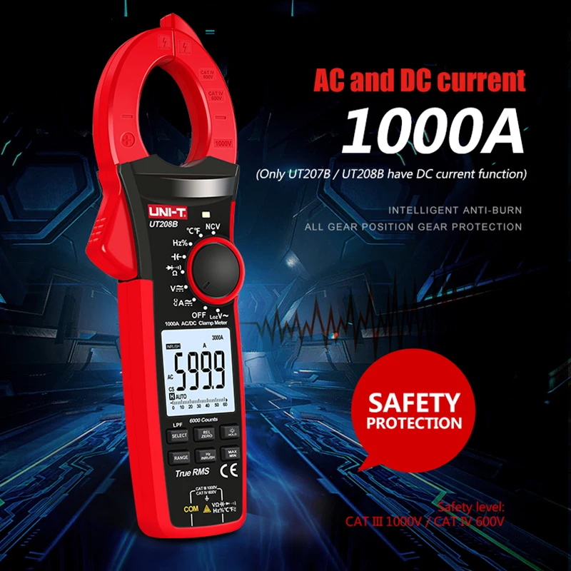 

UNI-T UT207B UT208B Digital Clamp Meter True RMS LPF 6000 Count AC DC 1000A 1000V Pliers Ammeter Voltmeter Electrical Tester