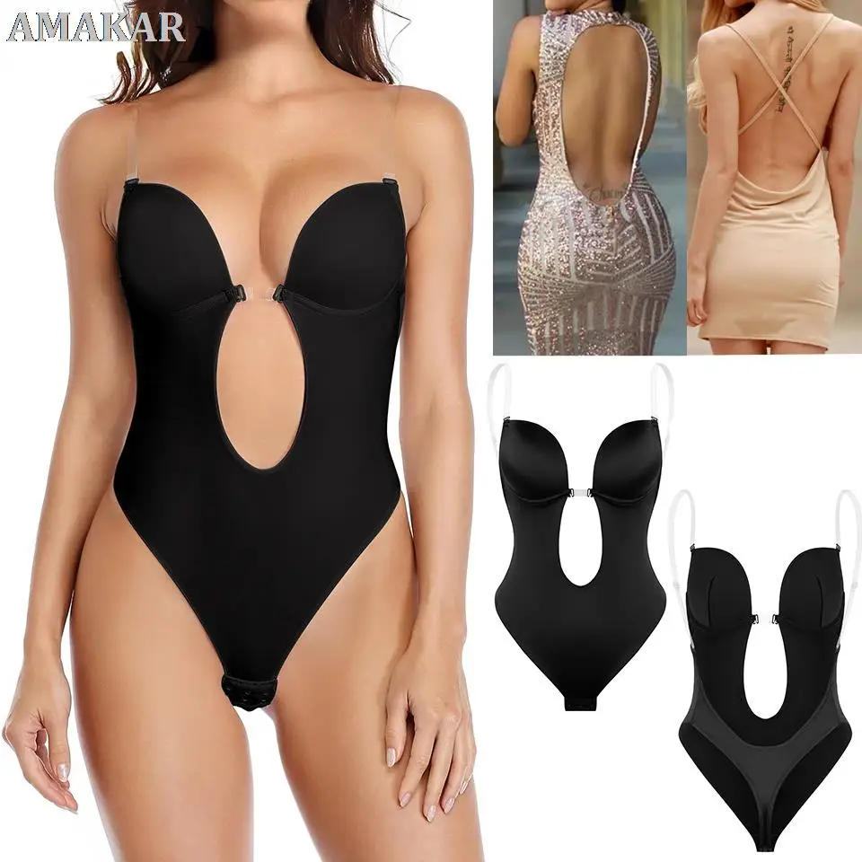 

Women Deep V-Neck Shapewear Bodysuit Body Shaper Padded Bra Backless U Plunge Thong Shaper Waist Trainer Push Up Underwear