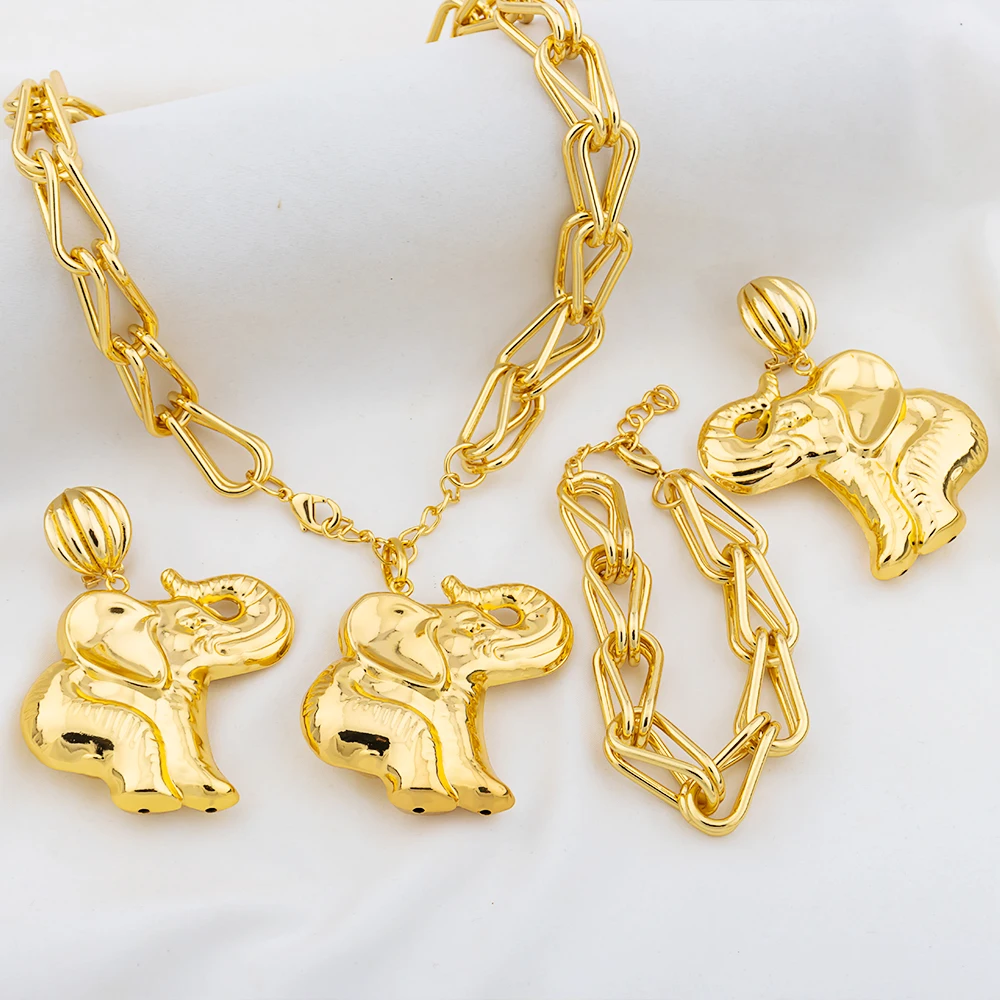 

YM Luxury Jewelry Set Gold Plated Neckalace Copper Elephant Earring Bangle Pendant Chain for Women African Bride Wedding Jewelry