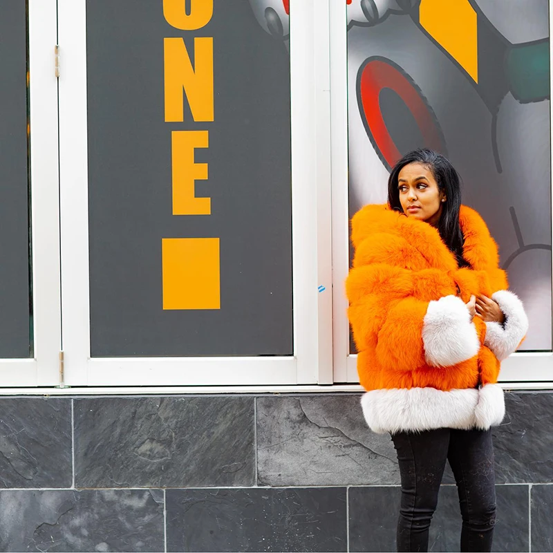 Contrast Color Genuine Hooded Fox Fur Jacket Women Winter High Street Thicken Outertwear Luxury Natural Fox Fur Coat Female
