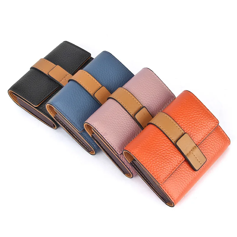 

Women Short Genuine Cow Leather Wallets Zipper Coin Purse Fashion Contrast Color Female Small Business Case Card Holder Hasp