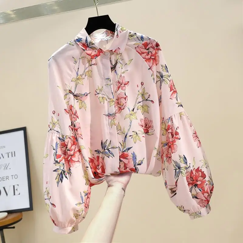 

2022 Autumn Design Sense Thin Lantern Sleeve Flower Print Doll Collar Chiffon Shirt Women Long Sleeve Top Shirt
