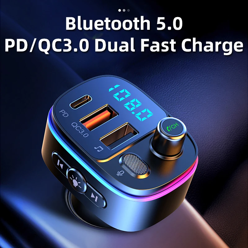 

Car Bluetooth 5.0 FM Transmitter Car MP3 Player U Disk Music Car Charger Type-C PD QC3.0 Fast Charging 7 Color Ambient Light