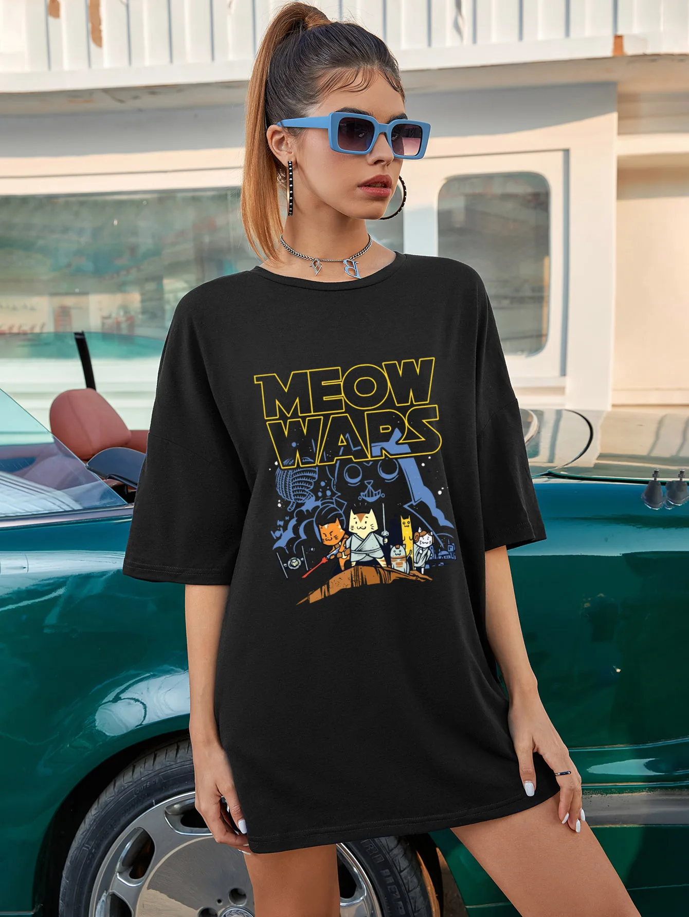 Футболка женская оверсайз из 100% хлопка с принтом Meow Wars |