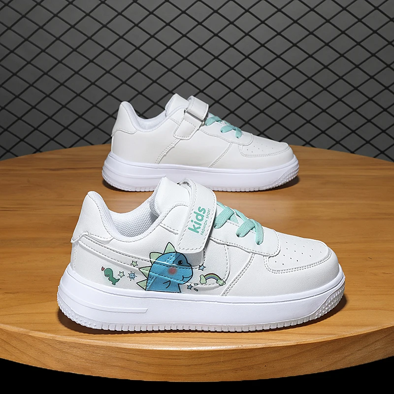 

Children's shoes cartoon dinosaur boys and girls' sports shoes 2022 children's fashionable white shoes Korean PU breathable casu