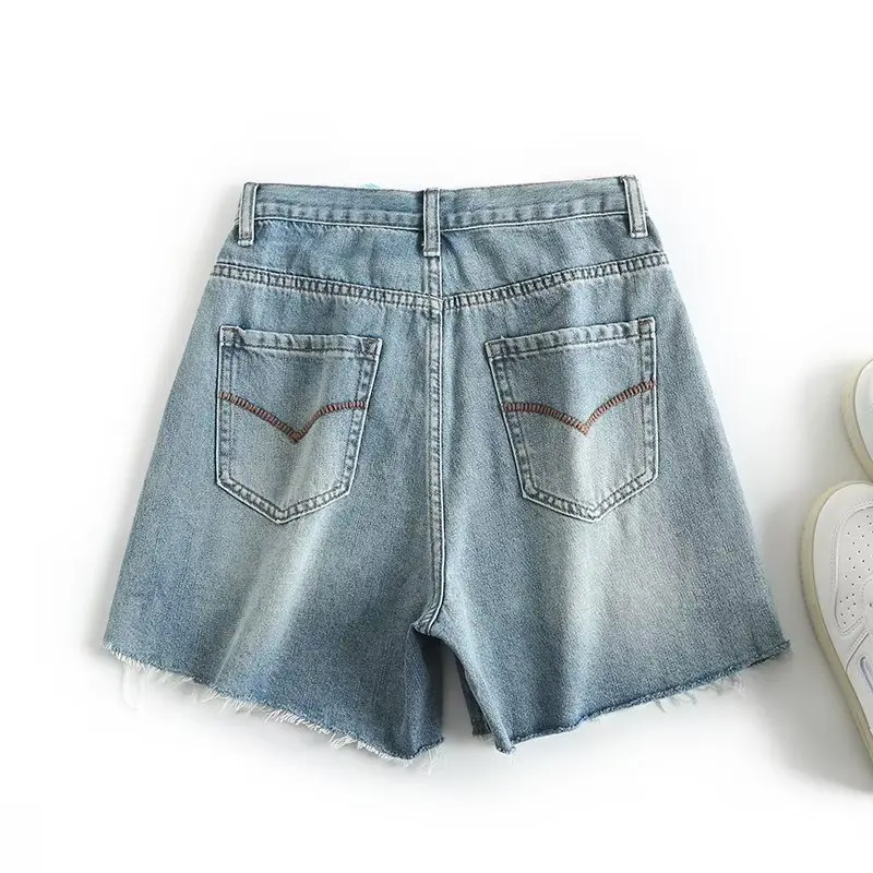 Jenny&Dave Embroidered Pockets Casual Bermuda Women American Retro Washed Old Denim Shorts