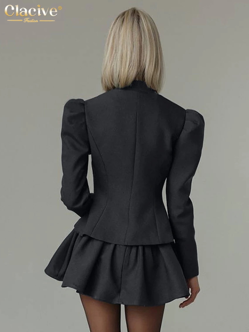 Фото Clacive Fashion Slim Серый офисный комплект из 2 предметов для женщин 2025 Элегантная рубашка с длинным рукавом и мини-юбкой с высокой талией Женский комплект №4