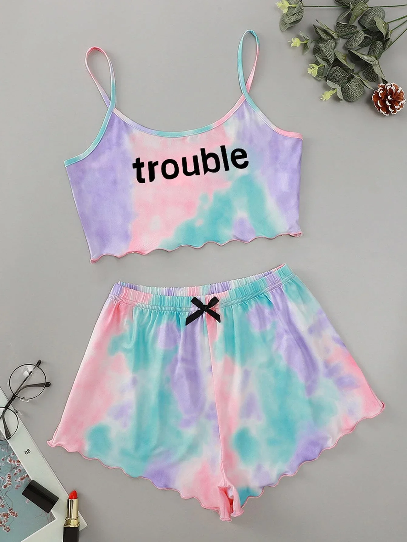 

Tie Dye Letter Graphic Lettuce Trim Cami PJ Set