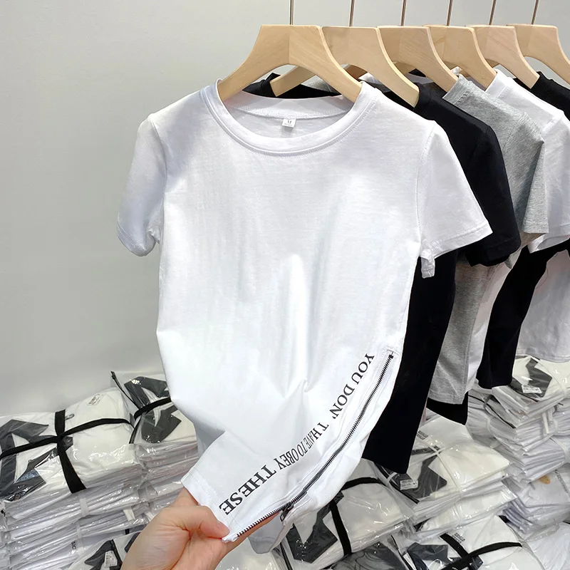 

Summer pure cotton casual Slim letter T-shirts Fashion Women O-neck Short Sleeve Side split T-shirt Harajuku white black y2k Top