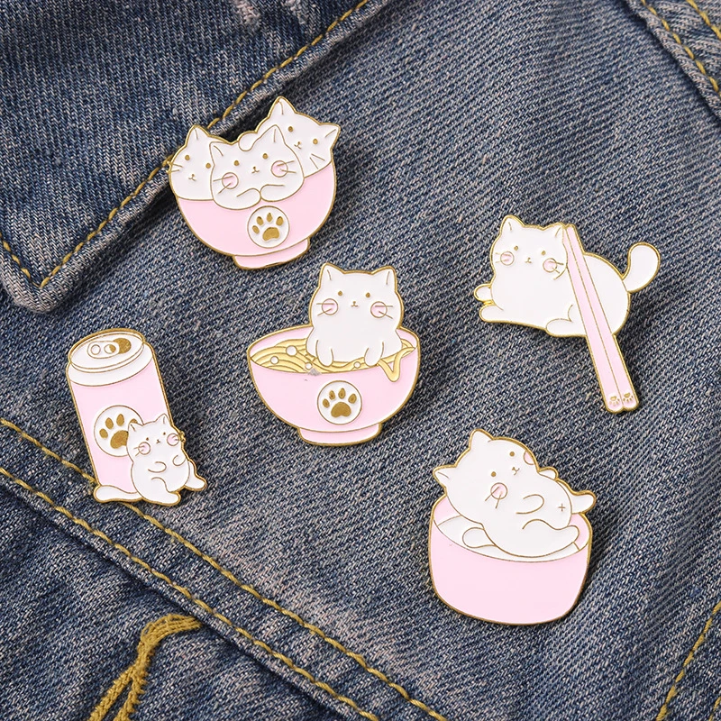 

Cat and Food Enamel Pin Pink Can Chopsticks Noodle Bowl Brooches Metal Badges Bag Clothes Pins Up Jewelry Gift for Cat Lover