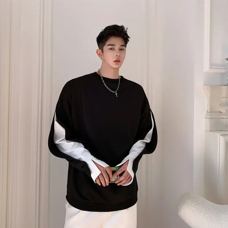 

2023 Men's T-shirt Spring and Autumn Round Neck Top Loose All-match Fake Two-piece Design Sense Autumn Men's Clothing