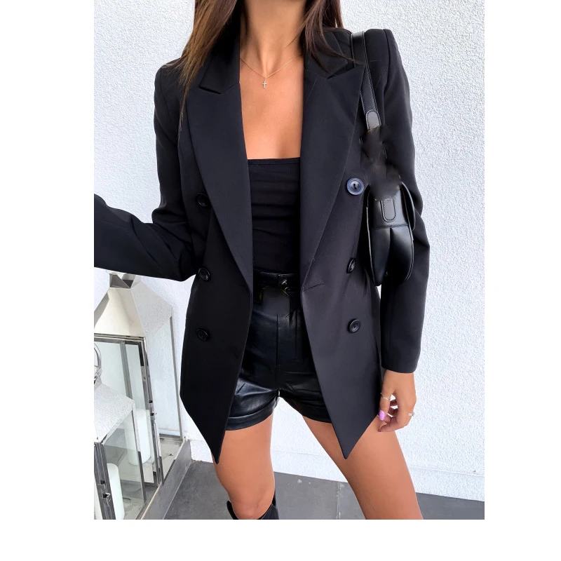 Long Sleeves Button Office Black Lapel Lady Khaki Solid Jackets Business Suits Blazer Winter Women Double Breasted Blazer Coats