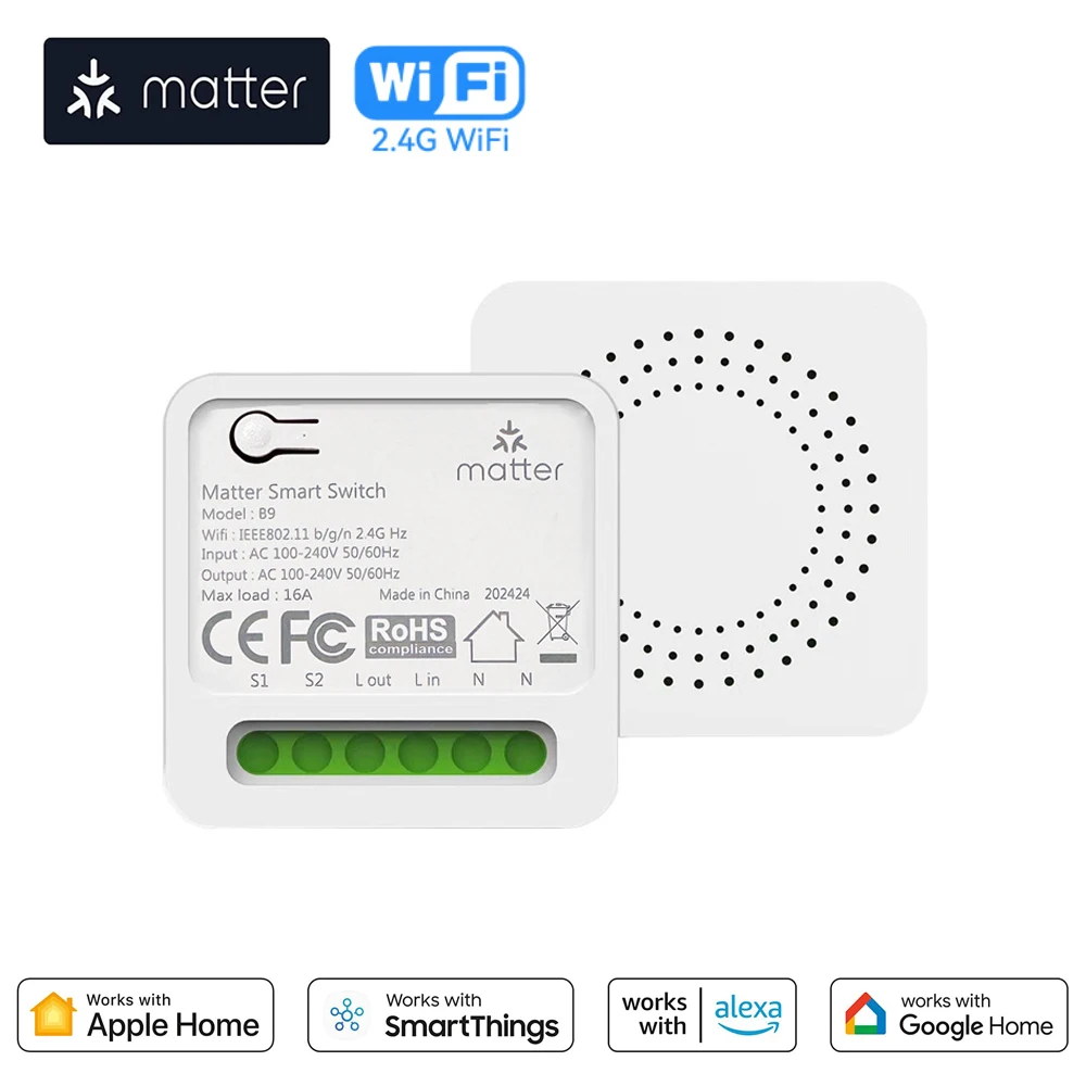 

Matter Wi-Fi Smart Switch 16A Mini Smart Light Switch Релейный модуль домашней автоматизации Голосовое управление работает с Alexa Google Homekit