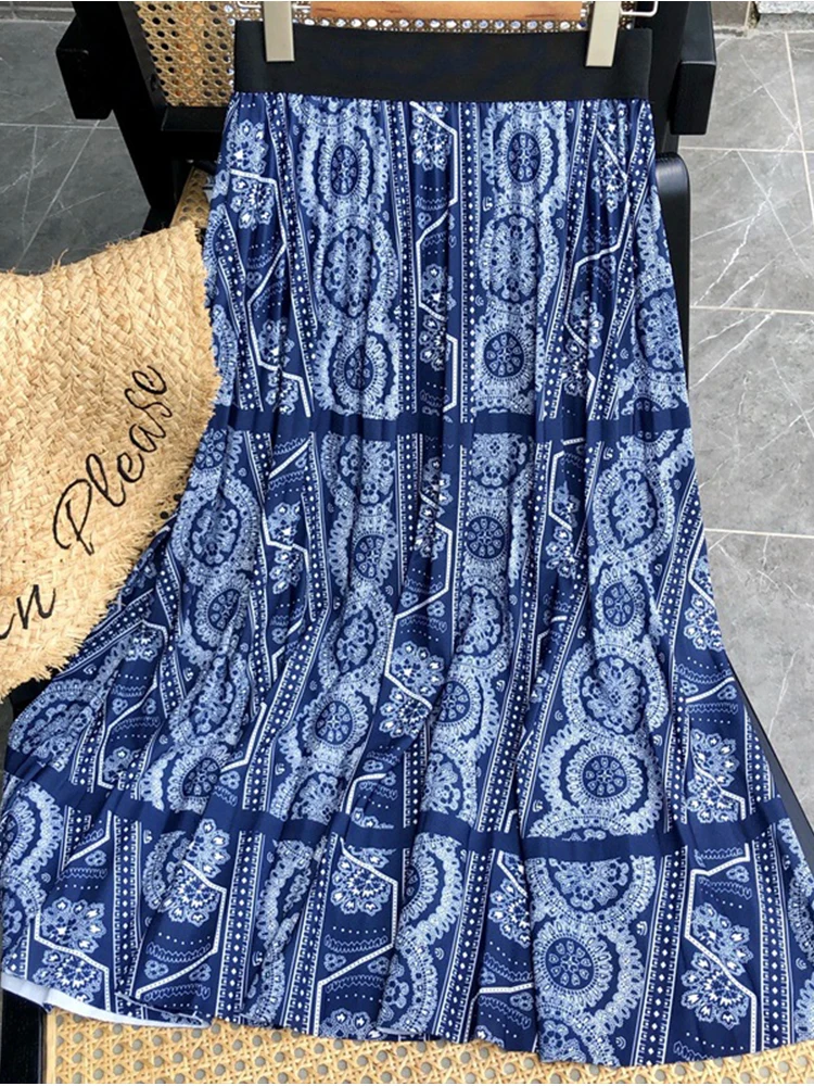

SURMIITRO 2022 Korean Fashion Blue and White Porcelain Print Midi Long Pleated Skirt Women High Waist A Line Skirt Female