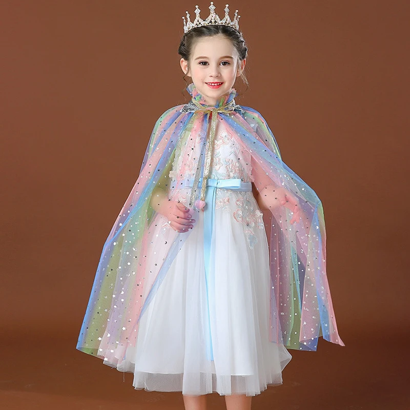 

2022 Girl Princess Party Costume Drawstring Sequin Tulle Cape Cloaks Halloween Dress Up Mantle for Performance