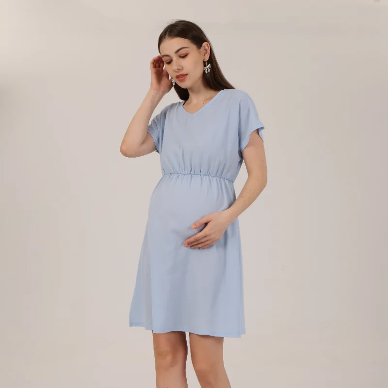 YUQIKL Women Summer Maternity Clothes Fashion Simplicity Cotton Short Sleeves V-Neck Solid Pregnancy Dress Prom Dresses