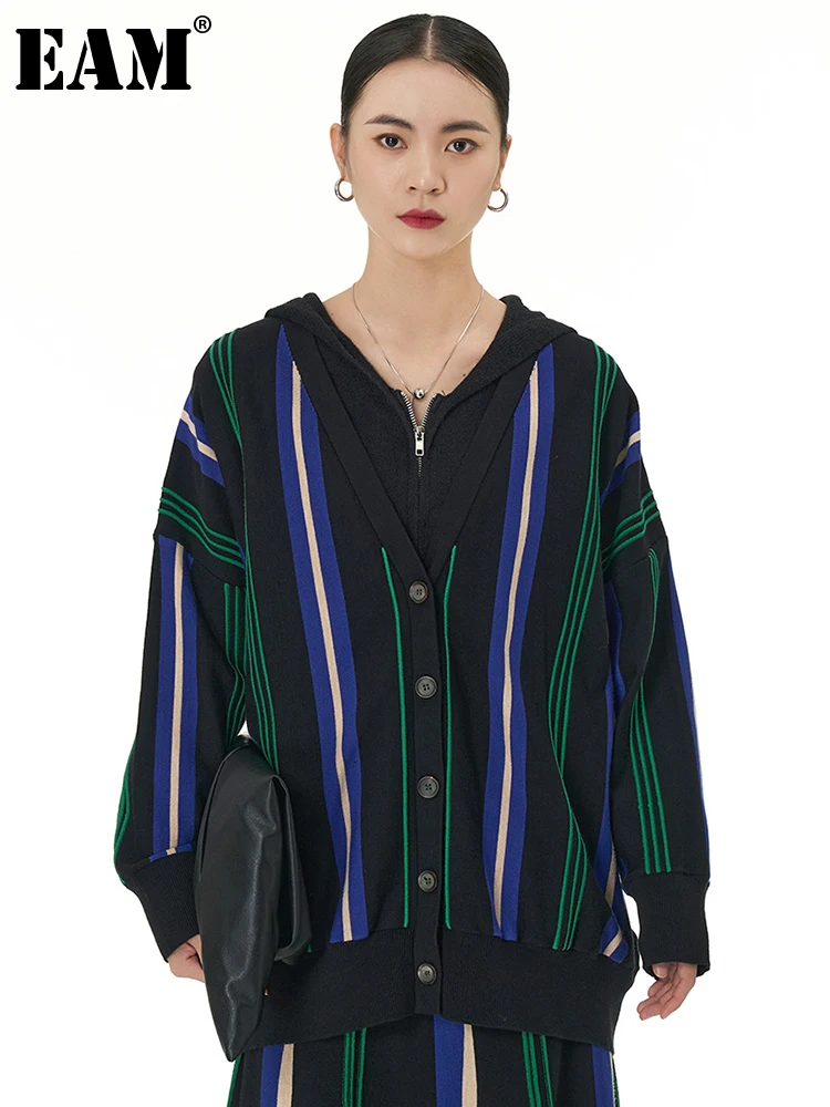 

[EAM] Black Color-block Knitting Cardigan Sweater Loose Fit V-Neck Long Sleeve Women New Fashion Tide Spring Autumn 2023 1DH1884