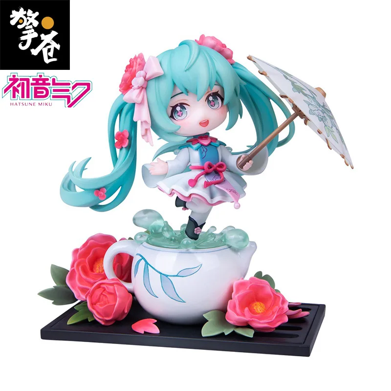 

In Stock Kawaii Original Hatsune Miku Q Version Miku Flowers Weave In Rain 125MM Anime Action Figures Model Collection Ornament