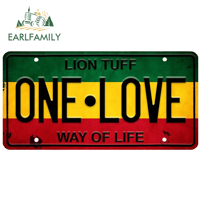 

EARLFAMILY 13cm x 6.6cm for Vintage Rasta License Plate ONE LOVE Vinyl Car Stickers Refrigerator DIY Decal Surfboard Decoration