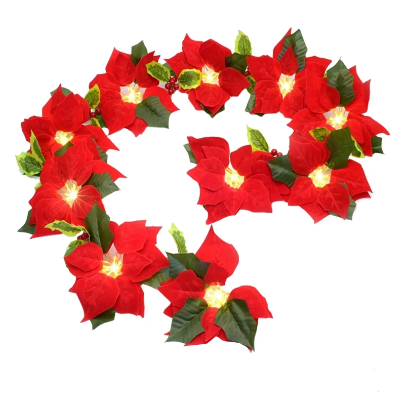 

Christmas Flowers Decorations Garland String Lights,6.5FT Xmas Tree Artificial Red Leaves For Indoor/Outdoor Party Decor