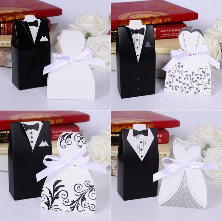 

100Pcs (50pairs) Tuxedo Dress Bride & Groom Wedding Favors Gift Boxes Ribbon Candy Boxes With Ribbons, 4 Patterns