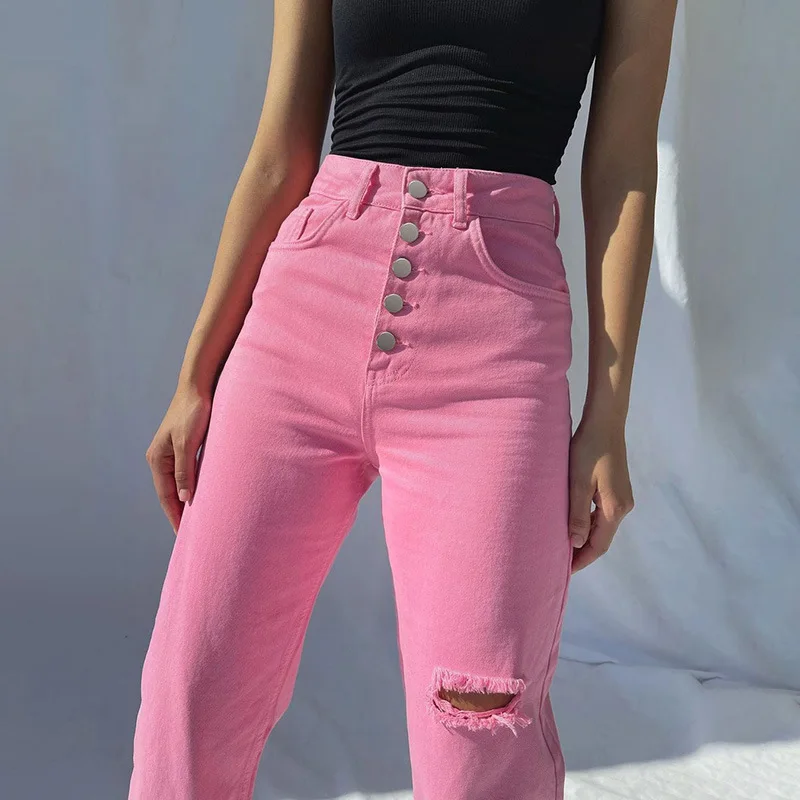 

Pink Chic Ripped Jeans Summer Women High Waist Multi-Button Wide Leg Pants Solid Colors Casual Commute Trousers Black Streetwear